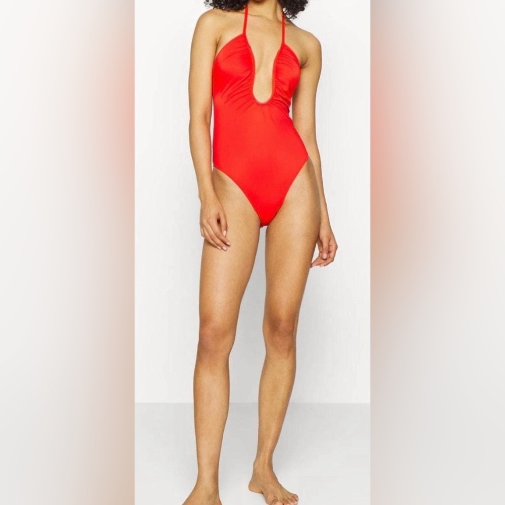 Good American Red Plunge Halter One-Piece Swimsuit
